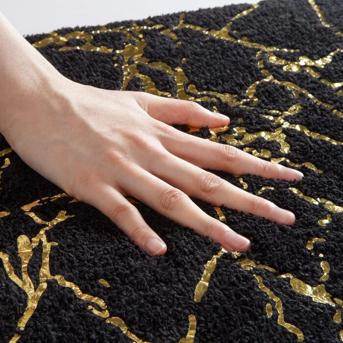 QJHOMO Non-Slip Bath Mat Washable, Bathroom Rug, Toilet Rug with Cutout Black Bathroom Carpet, Gold Decorative Toilet Rug Luxury Bathroom Accessories, soft Microfiber Absorbent Bath Rug 50x50 cm 50 x 50 cm with Toilet Cutout Black and Gold