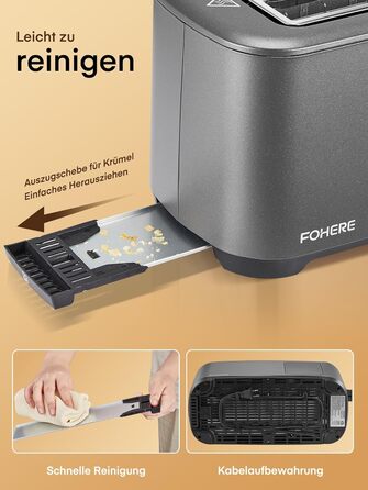 Тостер на 4 підсмажувальні слоти, 1400W, нержавіюча сталь, довгі слоти, 9 режимів підсмажування, 3 види хліба, функція відключення, розморожування та підігріву, сенсорне керування, з насадкою для бутербродів (сірий)