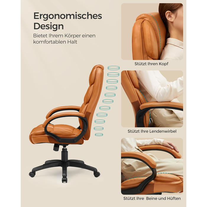 Крісло офісне SONGMICS для офісу та дому, крісло для комп'ютера, регульована висота, оббивка, OBG22B (карамельний колір, 53 x 51 x (112-122) см)
