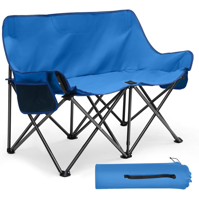 Складане крісло-диван для кемпінгу на 2 особи - переносна модель з підлокітниками та сумкою, блакитний, 110 см. Ідеально для пікніків, кемпінгу, саду, балкону, риболовлі та відпочинку на природі.