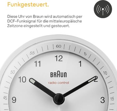 Classic Braun analog radio alarm clock for Central European Time (CET/GMT+1) with snooze function and illumination, quiet movement, crescendo alarm in white, model BC07W-DCF