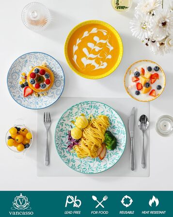 Набір посуду Vancasso Selene на 6 осіб, 24 елементи: тарілки, супові тарілки, миски, десертні тарілки з пастельного порцеляну. Підходить для мікрохвильової печі.