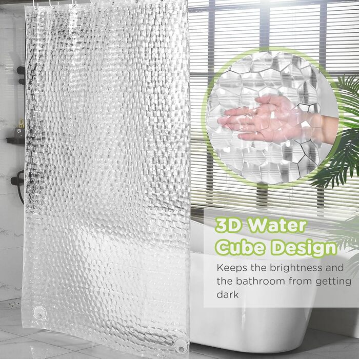 Шторка для душу OTRAKI 200 x 200 см, антигрибкова, EVA, прозора, PVC-free, екологічна, з кільцями, водонепроникна, напівпрозора, 12 кілець