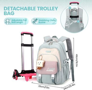 Шкільний рюкзак-роликовий для дівчаток-підлітків, 36л, зелений. Рюкзак для школи з колесами, знімний ролик, для початкової та середньої школи, дорожній рюкзак, 6 коліс
