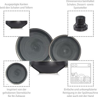 Набір посуду SÄNGER Helsinki 12 предметів: тарілки для їжі, сніданку та супу (4 особи), чорний з сірим акцентом, преміум-якість