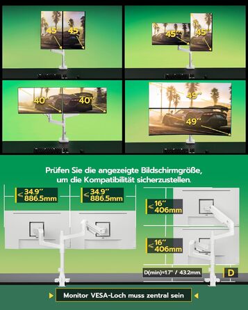 Кронштейн для двох моніторів ARES WING (17-49 дюймів) з USB, вертикальна установка один над одним, регулювання висоти, VESA 75/100, до 20 кг на плече, білий