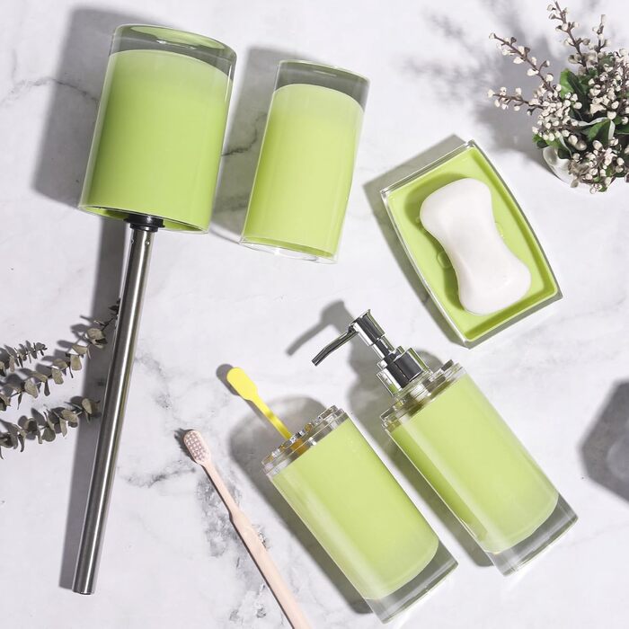 Acrylic Bathroom Accessories Set, Lotion/Soap Dispenser, Soap Dish, Toothbrush Holder, Tumbler, Toilet Brush and Holder, Modern Bathroom Decoration and Housewarming Gift Set, Orange, 5-Piece (Green-5)
