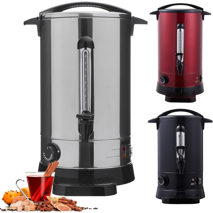 Arebos Glühwein Cooker 1650 W | Hot Beverage Dispenser | 20 L | with drip tray, tap, thermostat, and overheat protection | Temperature setting from 30-110 °C