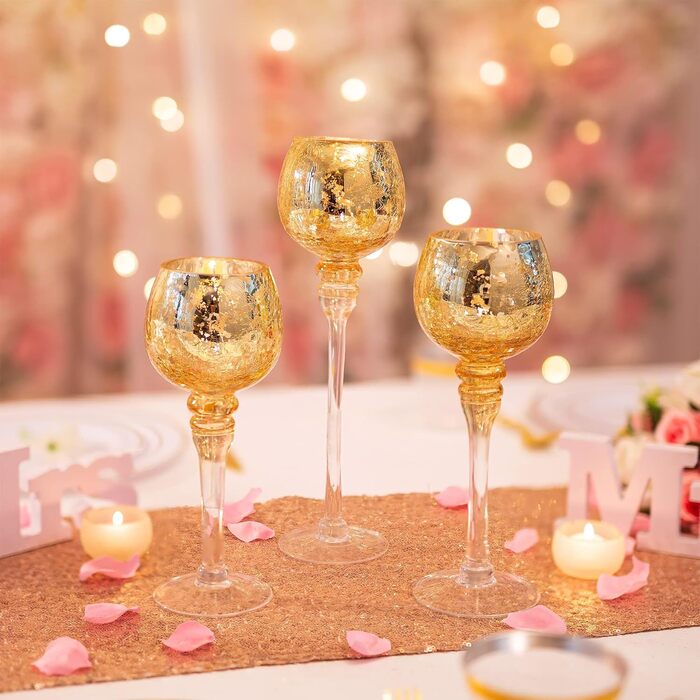 Romadedi Tealight Holder Candle Stand Glass - Lantern Tealight Holder Decoration Queck 3-Piece Set 23.5/25.5/31.5 cm for Tealights, Votive Candles, Pillar Candles, Living Room Table Decoration, Wedding (Gold)