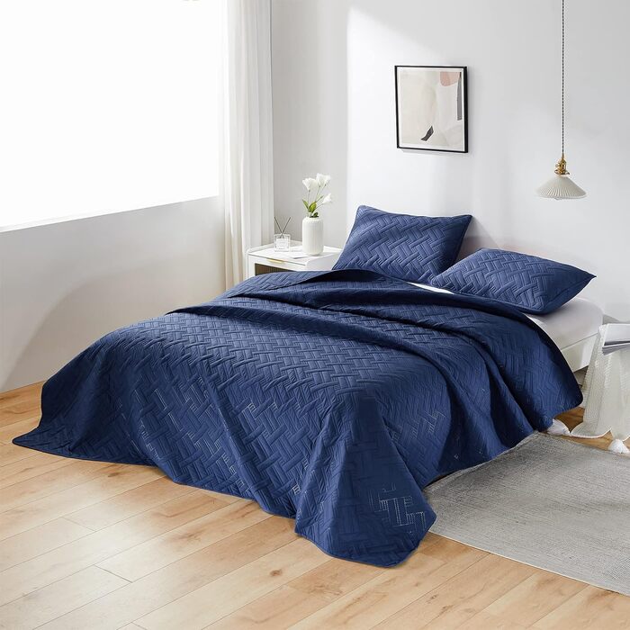 Beeweed Bedspread Throw Blanket 220x200cm Navy Blue, Bedspreads made of Microfiber, Quilted Throw Blanket Bed Cover Lightweight, Stepped Quilt with Ultrasonic Stitching and 2 Pillowcases, Basket Pattern Navy Blue 220 x 200 cm