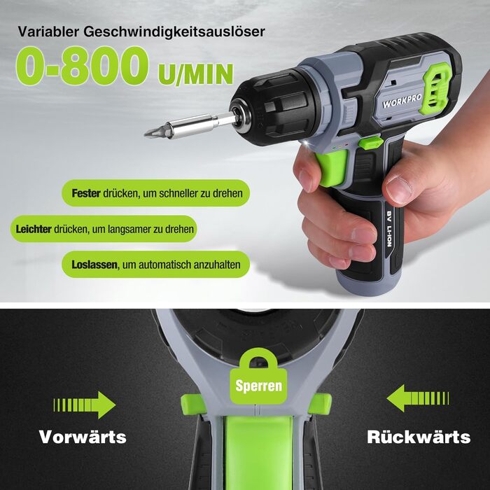 WORKPRO 8V Акумуляторний дриль-шуруповерт, комплект з кейсом, 2000 mAh, 10 мм патрон, 12 Н·м, LED, 21 шт. аксесуарів, для ремонту та DIY, сірий & зелений