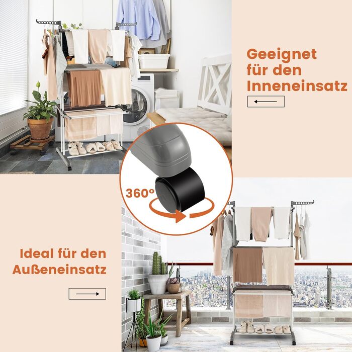 Сушарка для білизни COSTWAY 4-рівнева з колесами, розкладна, з 2 обертовими крилами, висувна, для дому та вулиці (сіра)