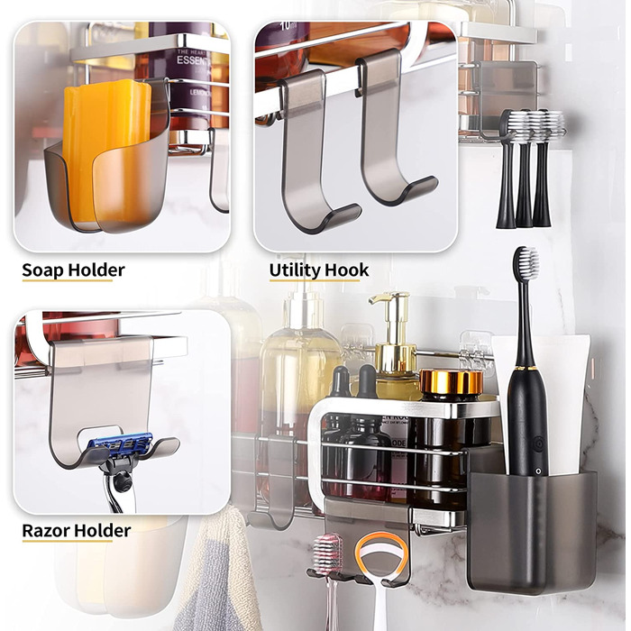 Gsocel Shower Shelf with 2 Hooks, Silver