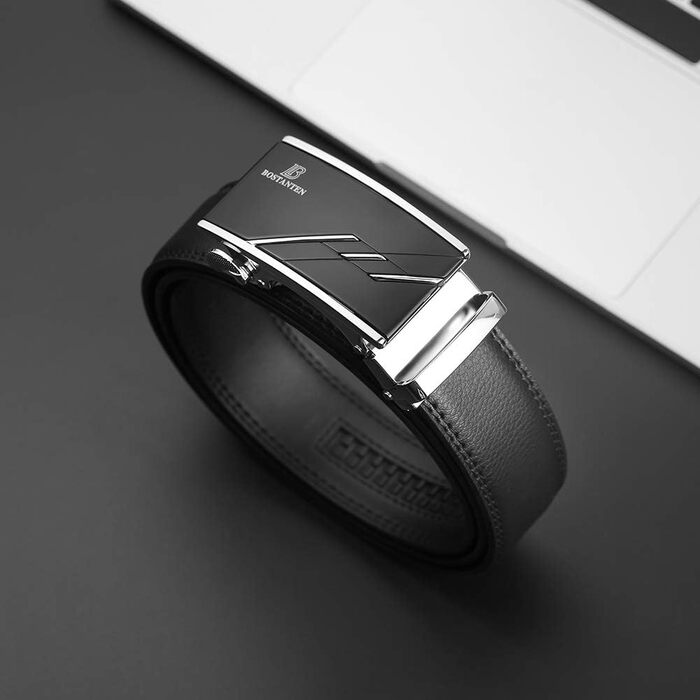 Шкіряний чоловічий ремінь BOSTANTEN з автоматичною пряжкою (рачет), 35 мм, чорний, довжина 115 см (на талію 32-38 дюймів), класичний бізнес-стиль