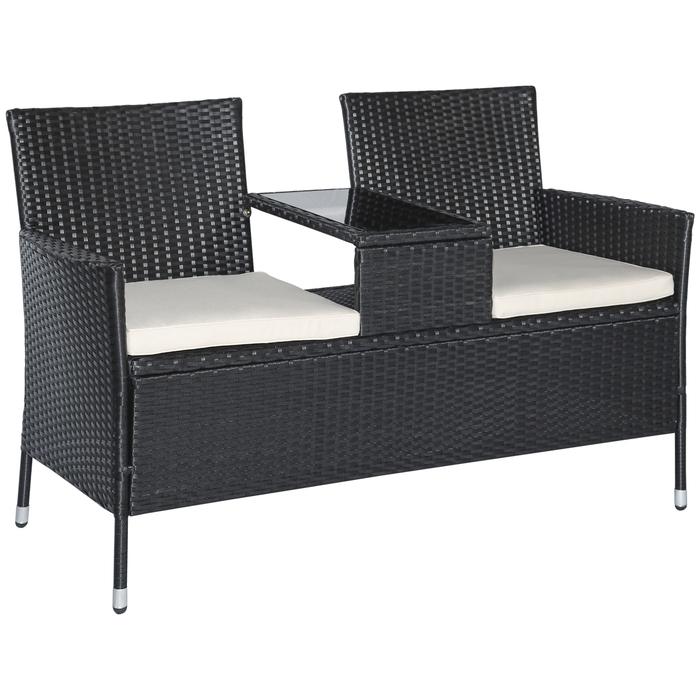 Садова лавка Outsunny з ротангу Polyrattan на 2 особи з журнальним столиком, садове диван-крісло зі сталі чорного кольору, B133 x Ш63 x H84см, стійке до погодних умов та сучасне