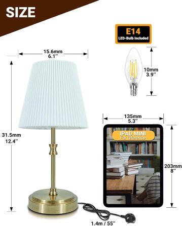 Торшер на тумбочку з сенсорним керуванням, регульована яскравість, 31.5 см, ретро стиль, латунь. Ідеально для вітальні, спальні, як подарунок на Новий Рік.