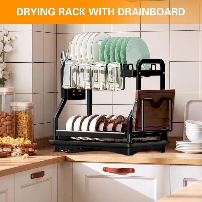 Сушарка для посуду з нержавіючої сталі з двома ярусами, з підставкою для обрізки, тримачем для чашок, столових приборів та зливною чашею. Ідеальна для кухні.