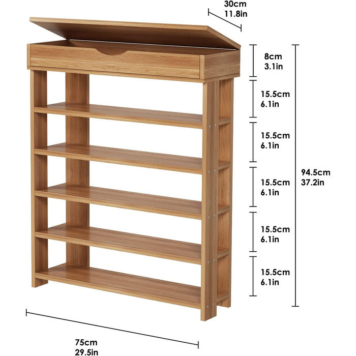 Soges 5-Tier Shoe Rack Shoe Cabinet Wood, 75 x 30 x 94.5 cm Shoe Storage Shoe Stand for Living Room, Entrance Hall, Hallway, Teak