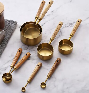Dadamong 8-Piece Measuring Cup Set with Gold-Colored Stainless Steel Measuring Cups and Spoons, Ideal for Cooking and Baking