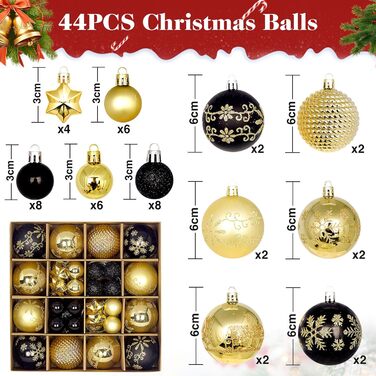 44 штуки новорічних кулі пластикові, прикраси для ялинки, набір кульок для ялинки, персоналізовані новорічні кулі білі та червоні, ялинковий декор, новорічний декор для дому та вулиці білий та червоний (золотий та чорний)
