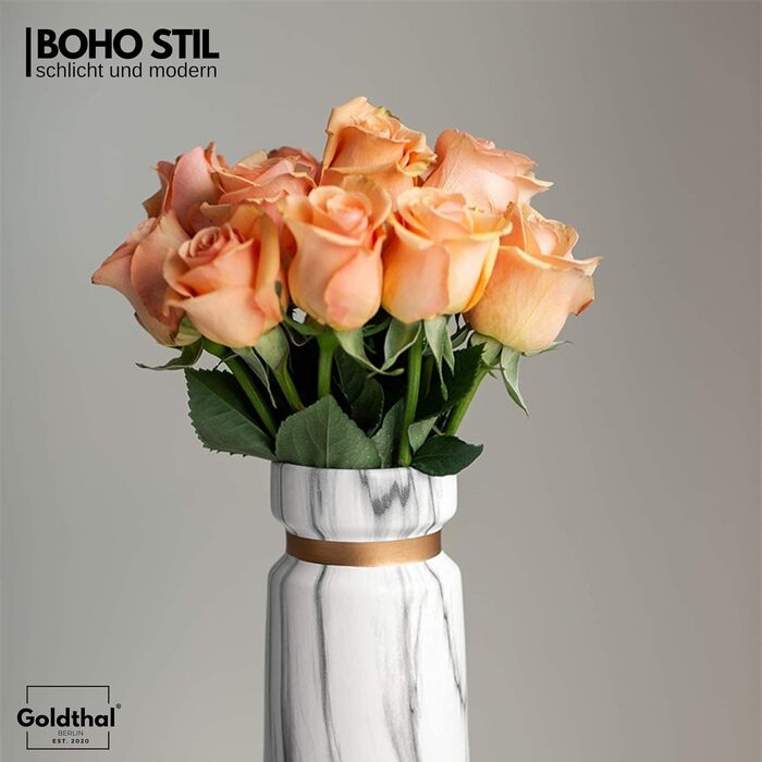 Керамічна ваза в стилі бохо для квітів, пампасів, сухоцвітів, H22см - білий мармур, з золотим обідком. Декоративний елемент, сучасний дизайн