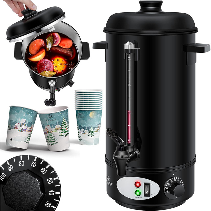 KESSER® Mulled Wine Boiler 8L Stainless Steel Incl. 10 Cups Mulled Wine Cooker with Thermostat Mulled Wine Dispenser Hot Beverage Dispenser Water Boiler Hot Water Dispenser Canning Device Level Indicator Tap Black