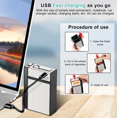 Алюмінієве екіпен для сигарет з запальничкою: водонепроникний кейс для 20 сигарет, USB зарядка (без газу), білий
