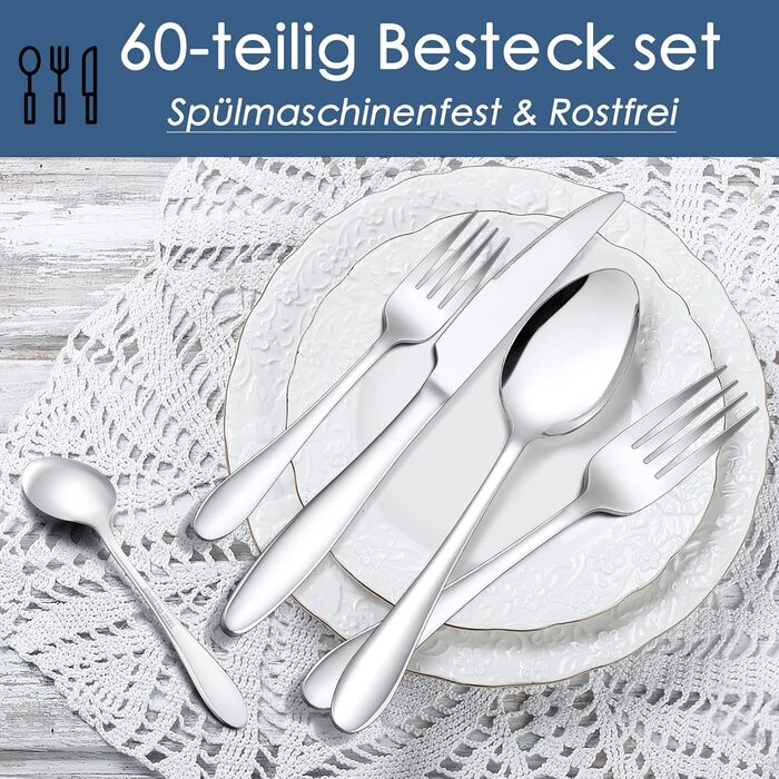 Herogo Cutlery Set, 60-Piece Stainless Steel Cutlery Set for 12 People, Silver Flatware with Fork, Spoon, and Knife Set, Modern Tableware, Dishwasher-Safe & Rust-Proof