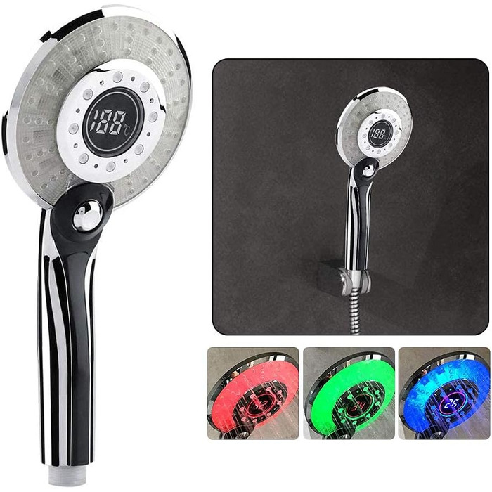 LED Shower Head, Rain Shower with 3 Color Changing Lights, Temperature Control, Handheld Shower with Digital Temperature Display, Large, Water-Saving, Pressure-Boosting Shower Head, Chrome
