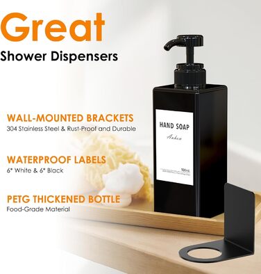 Настінний диспенсер для мила Anhow 3er PETG, 500 мл, чорний, без свердління, з 16 вологостійкими етикетками для кухні/ванної кімнати