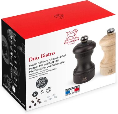 PEUGEOT Bistro Pepper/Salt Mill Set, Classic Grind Setting, Height: 10 cm, Wood, Natural/Black, 2/22594