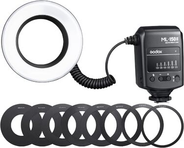 Godox ML-150II Макро-кільцевий спалах: 11 рівнів яскравості, кольорова температура 5800K, GN12, швидка перезарядка, 8 адаптерних кільця для Canon, Nikon, Sony DSLR камер