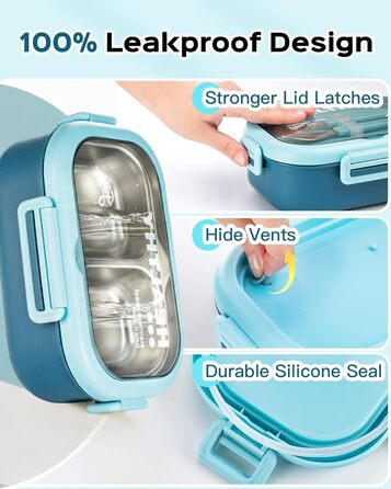 Ланчбокс Lille Home Bento з нержавіючої сталі, 850 мл, 2 відділення, витікання, з сумкою та столовими приборами, BPA-free (Світло-блакитний)