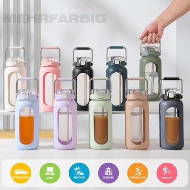 1900ml Glass Drinking Bottle with Straw and Stainless Steel Handle, Glass Water Bottle with Silicone Sleeve and Time Marker, Monitoring Your Daily Water Bottle 2 Liter, Light Green
