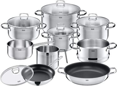 Silit Tuscany Cookware Set, induction-compatible, 10-piece, saucepan set with glass lid, induction saucepans, milk pot, steamer insert, frying pan, stainless steel, partially matte, induction cookware set, uncoated, single