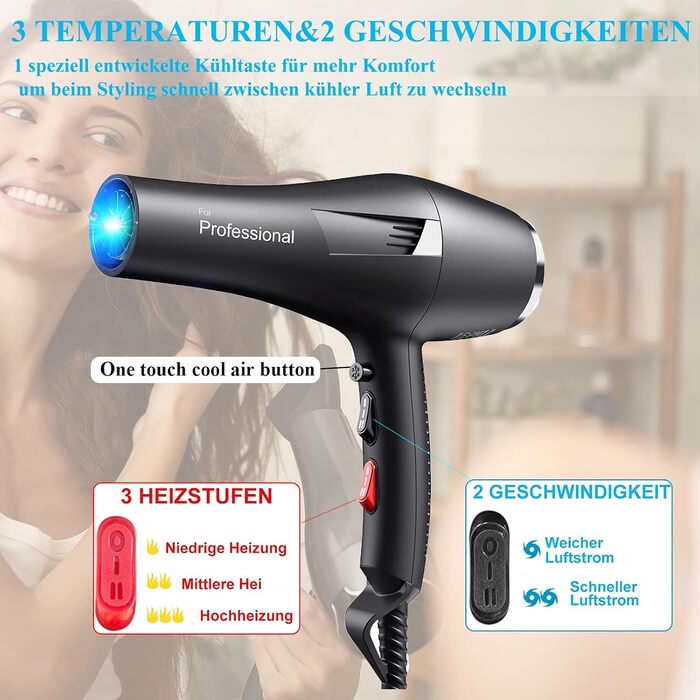 Іонний фен LOEVERY з потужним AC мотором 2400W, дифузором та 3 насадками, для професійного та домашнього використання, чорний