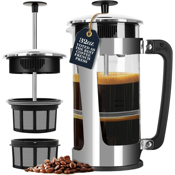ESPRO P5 French Press: Френч-прес з подвійним мікрофільтром, 950 мл, Borosilikatglas