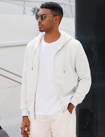 Світшот JMIERR чоловічий з капюшоном, світшот з довгим рукавом у вафельному стилі, повсякденна толстовка, світшот на блискавці з кишенями (білий, XL)