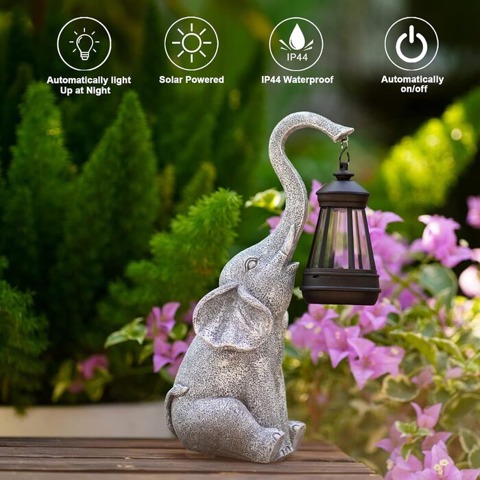 Yeomoo Elephant Decoration with Solar Lantern Garden Figures - for Outdoor Garden Decor with Weatherproof LED Solar Lamp for Balcony Garden, Gifts for Women Men Mom Birthday Gift Grey