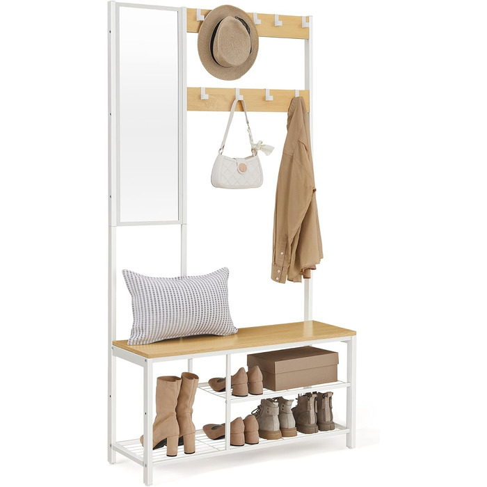 VASAGLE Coat Rack, Coat Stand with Hooks, Clothes Rack with Mirror, Shoe Bench and Shelves, 36 x 98 x 185 cm, for Entryway, Bedroom, Living Room, Vintage Brown-Black HSRAM050B01 (Oak Color + White)