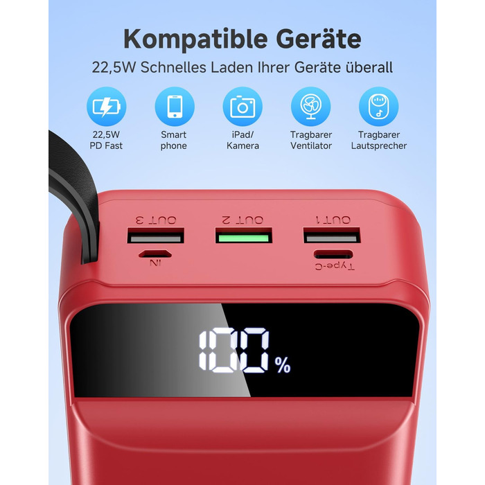 Power Bank 60000mAh 22,5W USB-C PD, Зовнішній акумулятор з 4 портами, Червоний