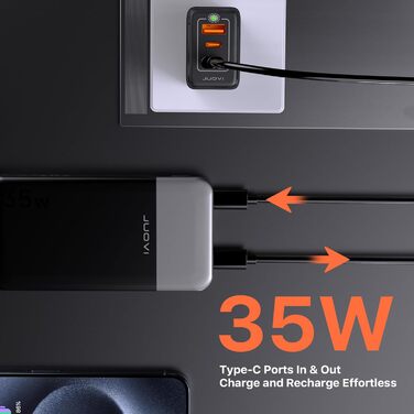 Power Bank JUOVI 10000mAh, 35W: Швидка зарядка, 3 виходи, 2 входи, PD3.0, QC 4.0, цифровий дисплей, чорний