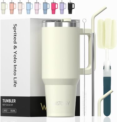 Термокружка для кави та напоїв WATERSY 40oz (591 мл) з нержавіючої сталі, подвійні стінки, без витоку, з ручкою та трубочкою, бежевий