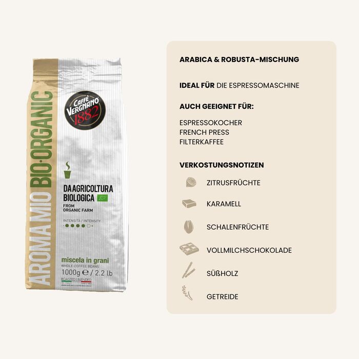 Кава в зернах Caffè Vergnano 1882 Aroma Mio Bio, органічна, 1 кг