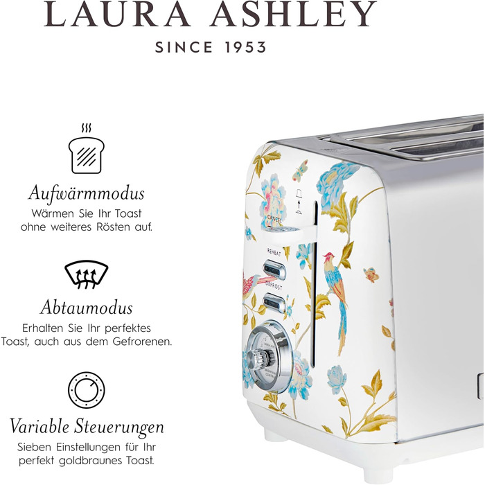 Тостер VQ Laura Ashley з 4-ма тостами, регулюванням нагріву, функціями розморожування та підігріву - модель Elveden White