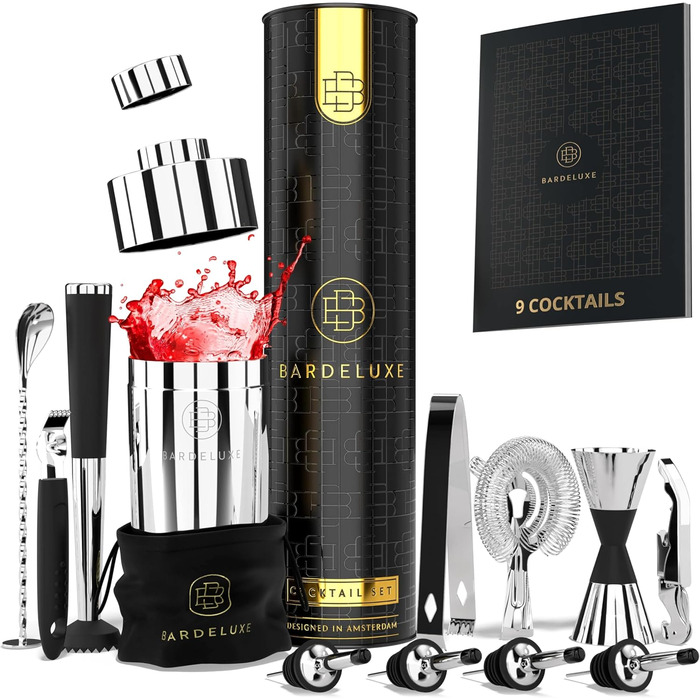 BarDeluxe® 12-Piece Cocktail Set, Bartender Set, Cocktail Mixer Set | 750ml Stainless Steel Cocktail Shaker, Cocktail Shaker Set, Bartender Set | Luxury Cocktail Gift Set (Silver)