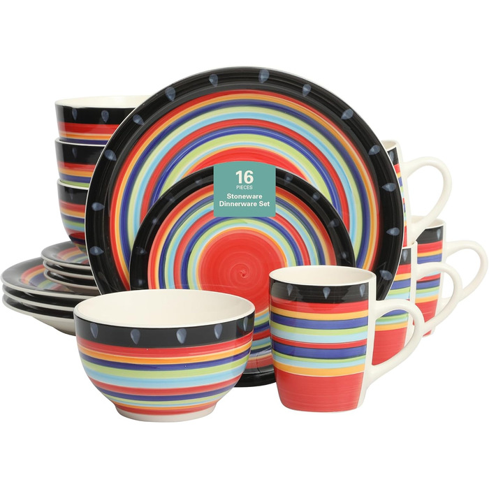 Сервіз Gibson Home Festival Rings (16 предметів) для 4 осіб: набір посуду з кераміки, ручне розмальовування, кольоровий, сумісний з мийною машиною та мікрохвильовою піччю