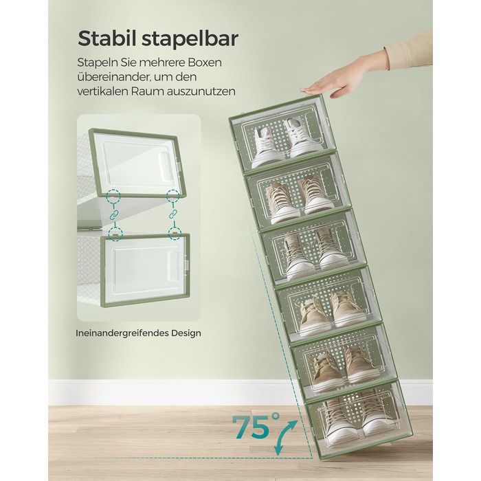 SONGMICS Shoe Boxes, 12-Piece Set, Plastic Shoe Organizer, Foldable and Stackable, for Shoes up to Size 44, Transparent-White LSP12SWT (12-Piece Set for Shoes up to Size 44, Transparent + Laurel Green)