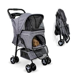 Mobiclinic® Pet Folding Dog Cart - 15kg Capacity, Small Dogs, Zuma Wheels with Brakes, XXL Storage Basket, 3 Zipper Windows & Mosquito Net, Cup Holder, Grey