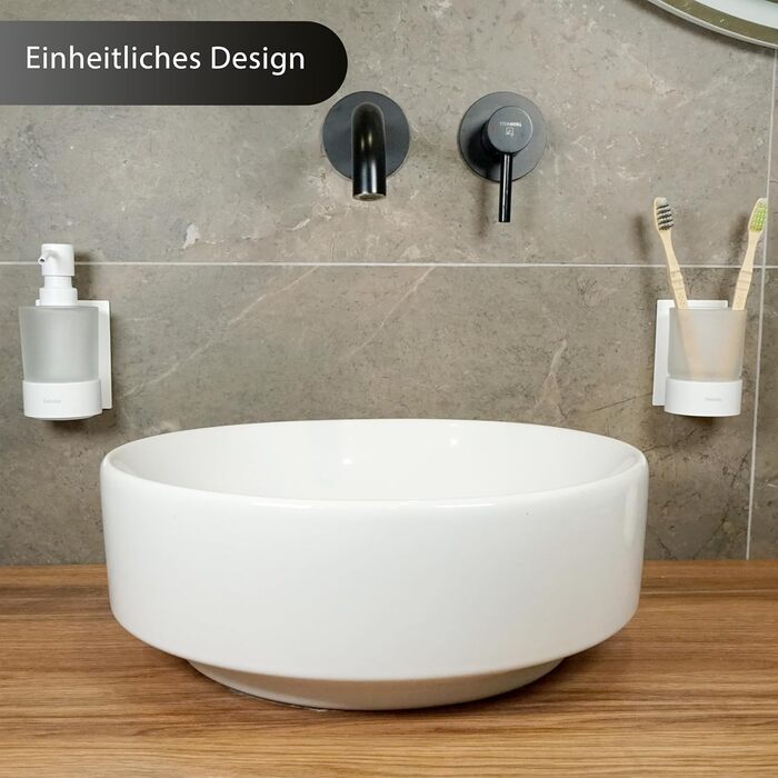 Dolvhin® Soap Dispenser and Toothbrush Holder Set | Frosted Glass Soap Dispenser & Toothbrush Holder | Stainless Steel Toothbrush Holder without Drilling | Adhesive Wall Soap Dispenser | Bathroom Set | Matte White